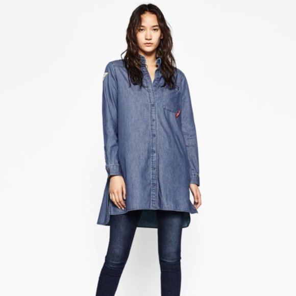 ZARA BASICS Z975 DENIM PATCHE OVERSIZE SHIRT - Picture 1 of 9